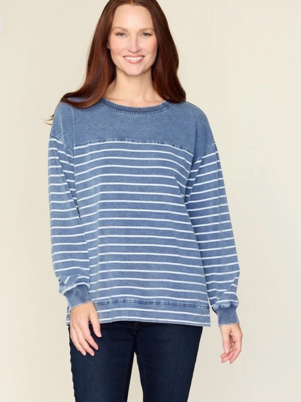 Jane and Delancey ~ Blue & White Washed Style Striped Knit Pullover - L